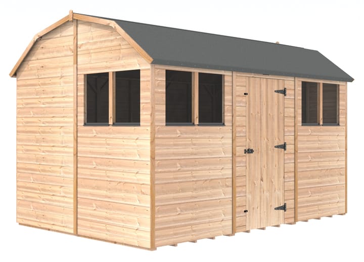 The Shedfast Dutch Barn shed is available in a range of sizes to suit all. 
Pictured here is the 8ft x 12ft model. The interchangeable windows and doors mean they can be positioned in any combination to suit your needs. The door is positioned on the side of this shed, but can easily be fitted in the gable end.

Black roofing felt is supplied as standard and the double pane windows are toughened safety glass with a pvc bottom cill.