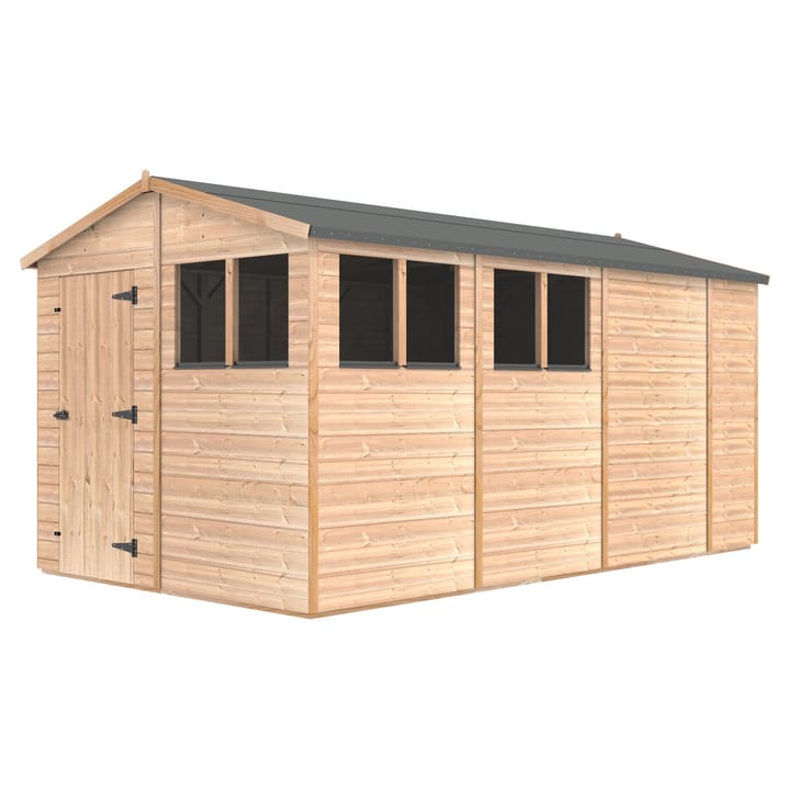 The Shedfast Apex shed is available in a range of sizes to suit all. 
Pictured here is the 8ft x 14ft model. The interchangeable windows and doors mean they can be positioned in any combination to suit your needs. The door is positioned in the gable end of this shed, but can easily be fitted to the side.

Black roofing felt is supplied as standard and the double pane windows are toughened safety glass with a pvc bottom cill.
