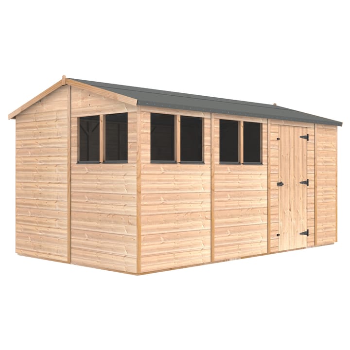 The Shedfast Apex shed is available in a range of sizes to suit all. 
Pictured here is the 8ft x 14ft model. The interchangeable windows and doors mean they can be positioned in any combination to suit your needs. The door is positioned in the side of this shed, but can easily be fitted to the gable end.

Black roofing felt is supplied as standard and the double pane windows are toughened safety glass with a pvc bottom cill.