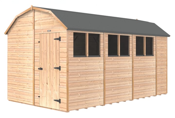 The Shedfast Dutch Barn shed is available in a range of sizes to suit all. 
Pictured here is the 8ft x 14ft model. The interchangeable windows and doors mean they can be positioned in any combination to suit your needs. The door is positioned in the gable end of this shed, but can easily be fitted on the side.

Black roofing felt is supplied as standard and the double pane windows are toughened safety glass with a pvc bottom cill.