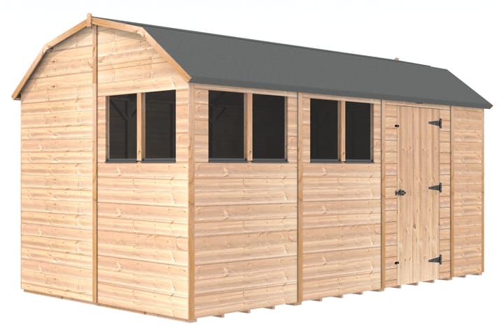 The Shedfast Dutch Barn shed is available in a range of sizes to suit all. 
Pictured here is the 8ft x 14ft model. The interchangeable windows and doors mean they can be positioned in any combination to suit your needs. The door is positioned on the side of this shed, but can easily be fitted in the gable end.

Black roofing felt is supplied as standard and the double pane windows are toughened safety glass with a pvc bottom cill.