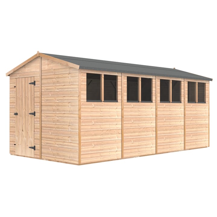 The Shedfast Apex shed is available in a range of sizes to suit all. 
Pictured here is the 8ft x 16ft model. The interchangeable windows and doors mean they can be positioned in any combination to suit your needs. The door is positioned in the gable end of this shed, but can easily be fitted to the side.

Black roofing felt is supplied as standard and the double pane windows are toughened safety glass with a pvc bottom cill.