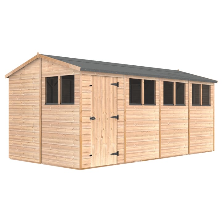 The Shedfast Apex shed is available in a range of sizes to suit all. 
Pictured here is the 8ft x 16ft model. The interchangeable windows and doors mean they can be positioned in any combination to suit your needs. The door is positioned in the side of this shed, but can easily be fitted to the gable end.

Black roofing felt is supplied as standard and the double pane windows are toughened safety glass with a pvc bottom cill.