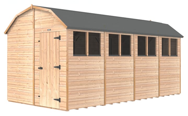 The Shedfast Dutch Barn shed is available in a range of sizes to suit all. 
Pictured here is the 8ft x 16ft model. The interchangeable windows and doors mean they can be positioned in any combination to suit your needs. The door is positioned in the gable end of this shed, but can easily be fitted on the side.

Black roofing felt is supplied as standard and the double pane windows are toughened safety glass with a pvc bottom cill.