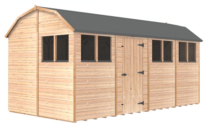 The Shedfast Dutch Barn shed is available in a range of sizes to suit all. 
Pictured here is the 8ft x 16ft model. The interchangeable windows and doors mean they can be positioned in any combination to suit your needs. The door is positioned on the side of this shed, but can easily be fitted in the gable end.

Black roofing felt is supplied as standard and the double pane windows are toughened safety glass with a pvc bottom cill.
