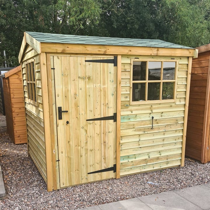 This 8ft x 6ft Heavy Duty Pavilion Apex is constructed in Heavy Duty Barnstyle cladding. A choice of door & window furniture is available in either chrome, or as pictured here black.

There are a number of optional upgrades pictured including; 'Squid Ink' painted finish, felt tiled roof and Georgian windows upgrade.
