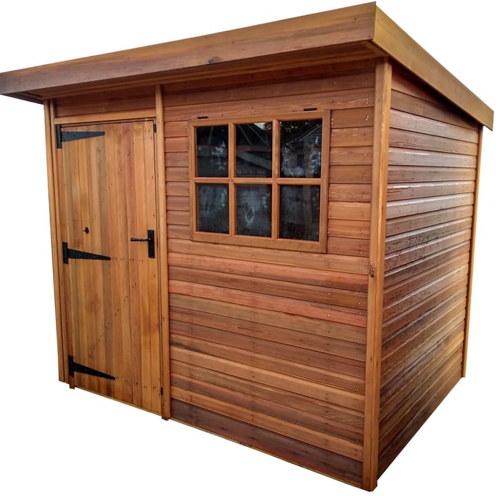 This Heavy Duty Pent is 8ft x 6ft and is constructed in Cedar cladding, one of 4 cladding options available. The building features the optional Georgian window upgrade.