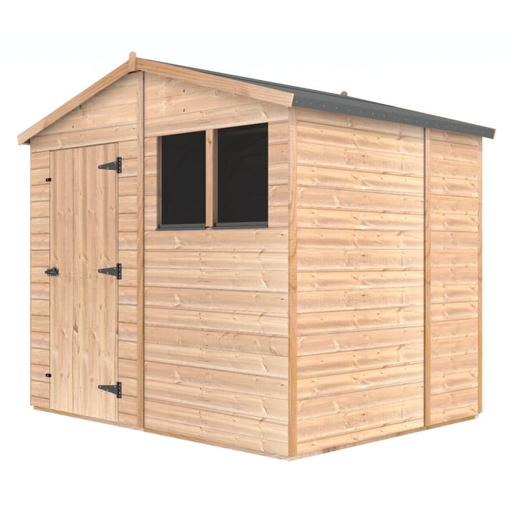 The Shedfast Apex shed is available in a range of sizes to suit all. 
Pictured here is the 8ft x 6ft model. The interchangeable windows and doors mean they can be positioned in any combination to suit your needs. The door is positioned in the gable end of this shed, but can easily be fitted to the side.

Black roofing felt is supplied as standard and the double pane windows are toughened safety glass with a pvc bottom cill.