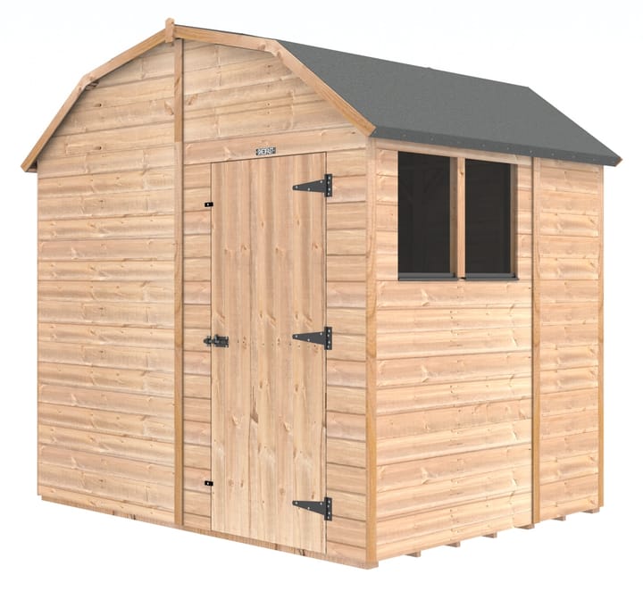 The Shedfast Dutch Barn shed is available in a range of sizes to suit all. 
Pictured here is the 8ft x 6ft model. The interchangeable windows and doors mean they can be positioned in any combination to suit your needs. The door is positioned in the gable end of this shed, but can easily be fitted on the side.

Black roofing felt is supplied as standard and the double pane windows are toughened safety glass with a pvc bottom cill.