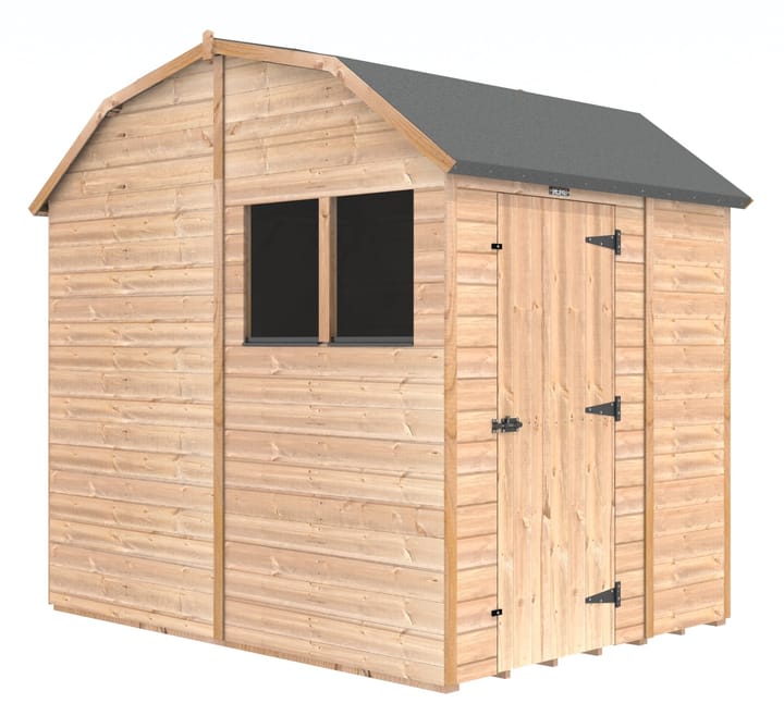 The Shedfast Dutch Barn shed is available in a range of sizes to suit all. 
Pictured here is the 8ft x 6ft model. The interchangeable windows and doors mean they can be positioned in any combination to suit your needs. The door is positioned on the side of this shed, but can easily be fitted in the gable end.

Black roofing felt is supplied as standard and the double pane windows are toughened safety glass with a pvc bottom cill.