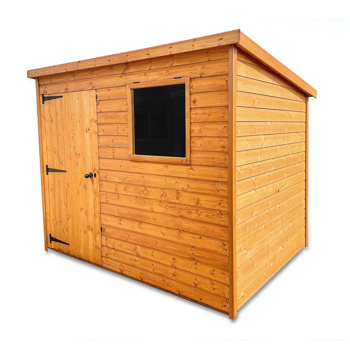 This 8ft x 6ft Bewdley Pent is constructed in Redwood. Door position in this image is Left Hand Front hinged on the left.