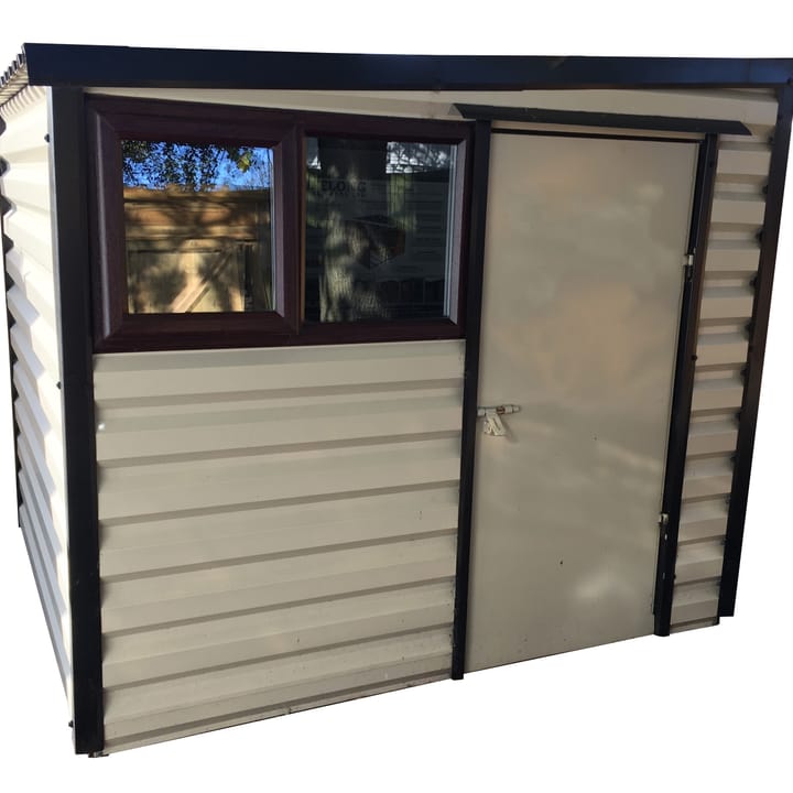 This Lifelong Pent is 8ft wide x 7ft deep and is finished in Mushroom colour. The door can be positioned on either the left or the right and can be hinged on either side. This building has upgraded the standard white upvc window to the optional black upvc window.