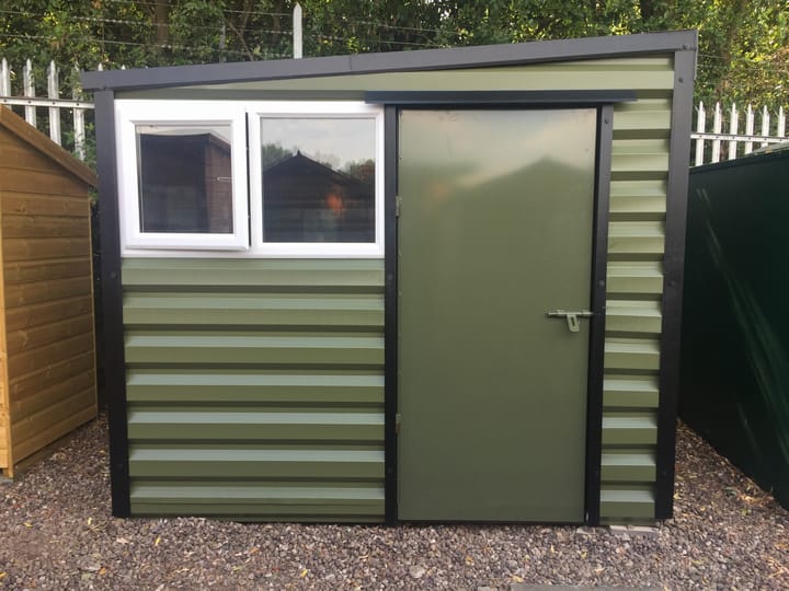 This Lifelong Pent is 8ft wide x 7ft deep and is finished in Olive colour. The door can be positioned on either the left or the right and can be hinged on either side.