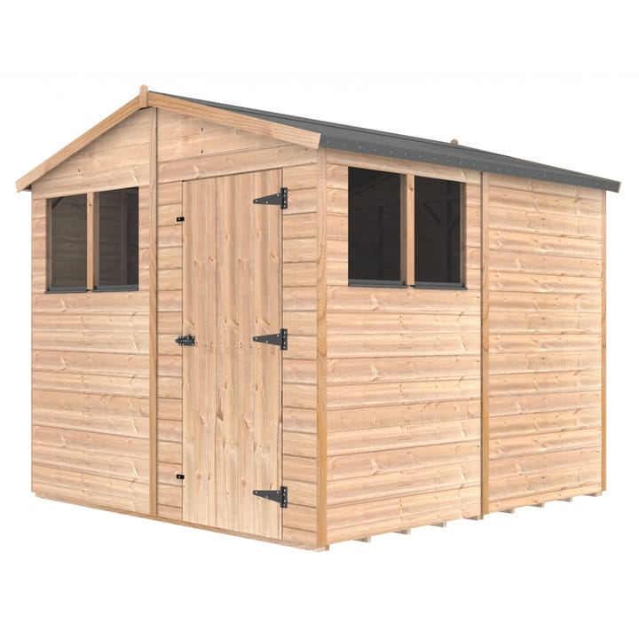 The Shedfast Apex shed is available in a range of sizes to suit all. 
Pictured here is the 8ft x 8ft model. The interchangeable windows and doors mean they can be positioned in any combination to suit your needs. The door is positioned in the gable end of this shed, but can easily be fitted to the side.

Black roofing felt is supplied as standard and the double pane windows are toughened safety glass with a pvc bottom cill.