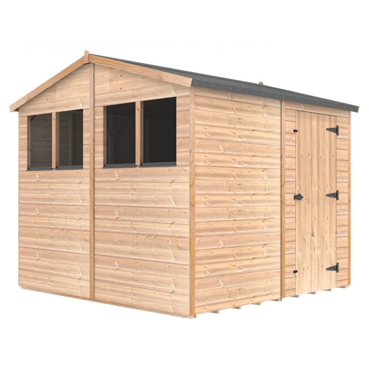 The Shedfast Apex shed is available in a range of sizes to suit all. 
Pictured here is the 8ft x 8ft model. The interchangeable windows and doors mean they can be positioned in any combination to suit your needs. The door is positioned in the side of this shed, but can easily be fitted to the gable end.

Black roofing felt is supplied as standard and the double pane windows are toughened safety glass with a pvc bottom cill.