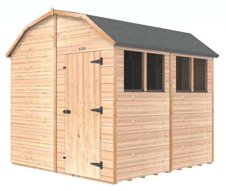 The Shedfast Dutch Barn shed is available in a range of sizes to suit all. 
Pictured here is the 8ft x 8ft model. The interchangeable windows and doors mean they can be positioned in any combination to suit your needs. The door is positioned in the gable end of this shed, but can easily be fitted on the side.

Black roofing felt is supplied as standard and the double pane windows are toughened safety glass with a pvc bottom cill.