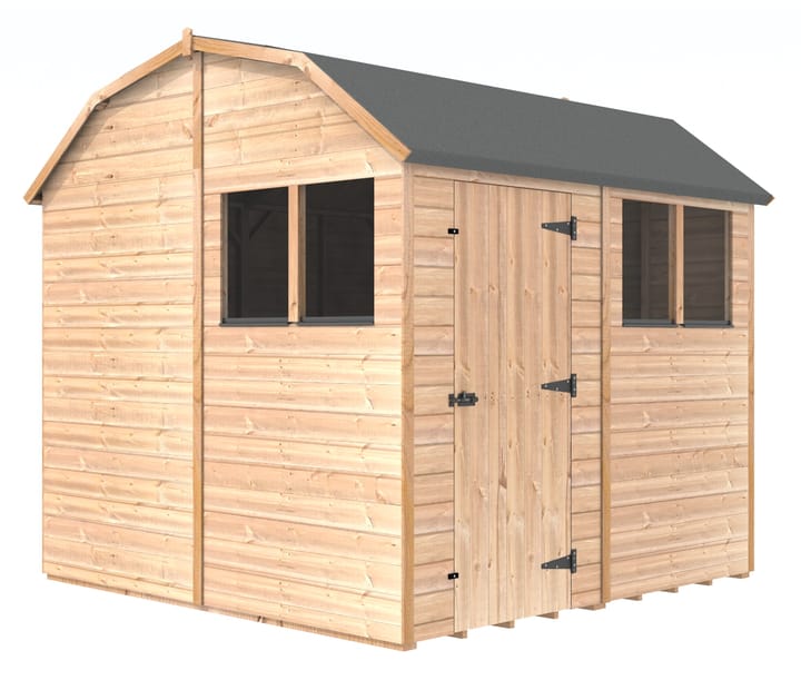 The Shedfast Dutch Barn shed is available in a range of sizes to suit all. 
Pictured here is the 8ft x 8ft model. The interchangeable windows and doors mean they can be positioned in any combination to suit your needs. The door is positioned on the side of this shed, but can easily be fitted in the gable end.

Black roofing felt is supplied as standard and the double pane windows are toughened safety glass with a pvc bottom cill.