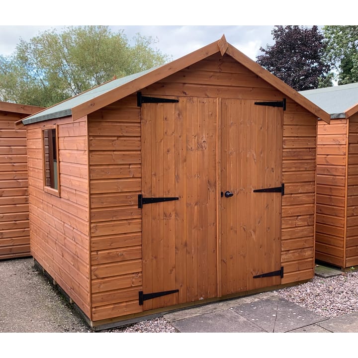 This 8ft x 8ft Bewdley Apex is constructed in Redwood. Green felt has been chosen for this particular building, but you can choose to have Black or Red felt should you prefer. An opening window is included as standard with the Bewdley range as pictured. This shed has had the optional double door upgrade added to the building.