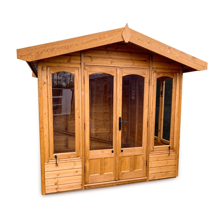 This 8ft x 8ft Malvern Tenbury has been constructed in unpainted Redwood, one of 5 cladding options available, Pressure Treated Redwood, Cedar, Heavy Duty Redwood and Heavy Duty Pressure Treated Redwood being the other 4. An optional heavy duty floor upgrade has also been added. Arched top windows and doors. 