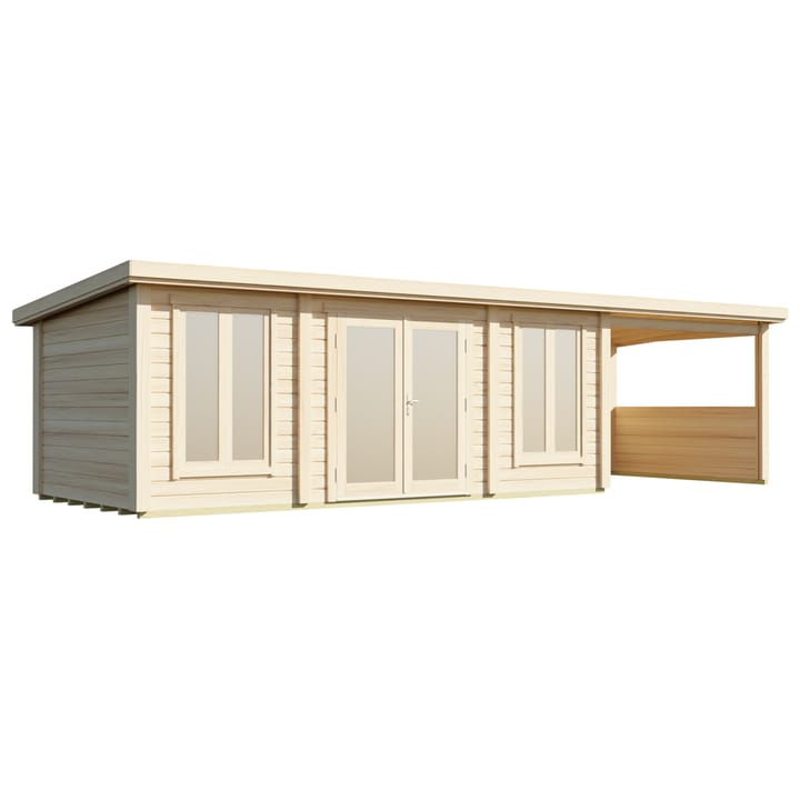 The Lillevilla Pent with Canopy Log Cabin is a stylish and practical addition to any outdoor space, with its sturdy 44mm thick pine log construction and energy-efficient double glazing. Measuring 9m by 3m, this cabin is perfectly sized for a variety of uses, from a home office to a cozy retreat. The canopy provides a sheltered outdoor sitting area. It's topped with a durable EPDM roof, ensuring it stands strong against the elements while providing a modern silhouette against any garden backdrop.