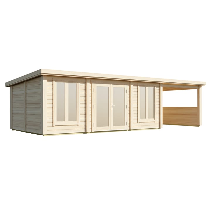 The Lillevilla Pent with Canopy Log Cabin is a stylish and practical addition to any outdoor space, with its sturdy 44mm thick pine log construction and energy-efficient double glazing. Measuring 9m by 4m, this cabin is perfectly sized for a variety of uses, from a home office to a cozy retreat. The canopy provides a sheltered outdoor sitting area. It's topped with a durable EPDM roof, ensuring it stands strong against the elements while providing a modern silhouette against any garden backdrop.