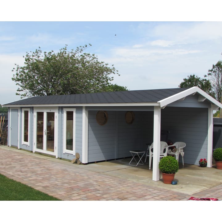 This image shows the Lillevilla Pavilion log cabin with Canopy 9m x 3m. The building includes a felt shingle roof and double glazed windows as standard.
