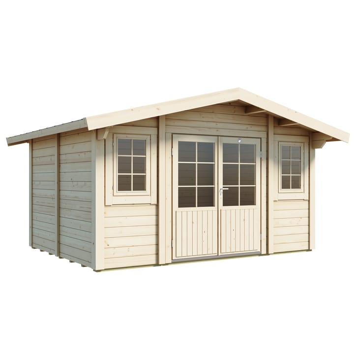 Lillevilla Apex Log Cabin 4m wide x 3m deep. The cabin boasts traditional Georgian windows and doors, which contribute to its classic and sophisticated appearance. Also included as standard is double glazed windows and a felt tiled roof.