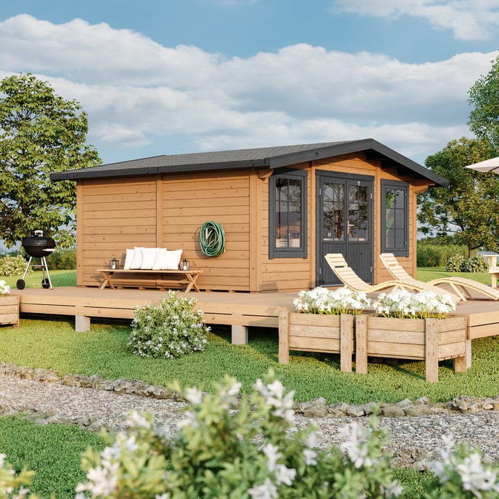 Lillevilla Apex Log Cabin 5m wide x 4m deep. The cabin boasts traditional Georgian windows and doors, which contribute to its classic and sophisticated appearance. Also included as standard is double glazed windows and a felt tiled roof.