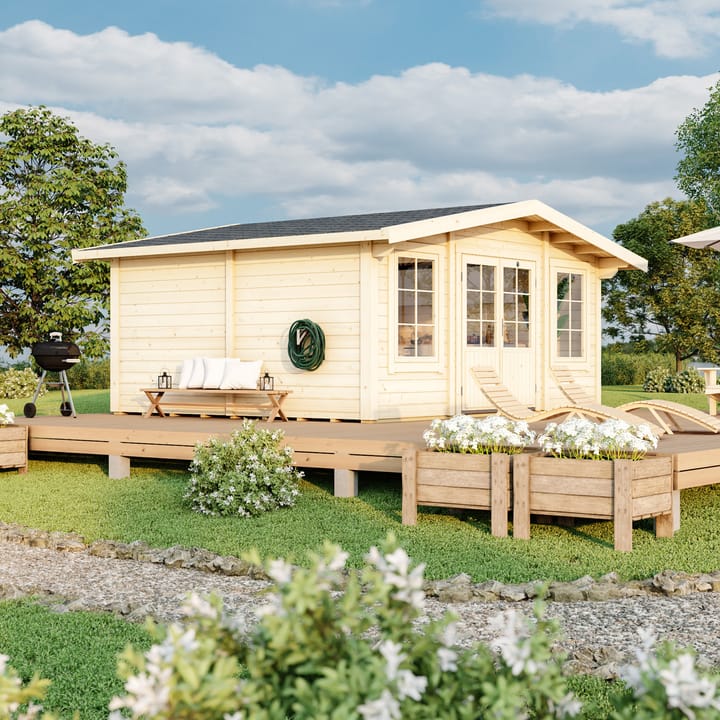 Lillevilla Apex Log Cabin 5m wide x 4m deep. The cabin boasts traditional Georgian windows and doors, which contribute to its classic and sophisticated appearance. Also included as standard is double glazed windows and a felt tiled roof.