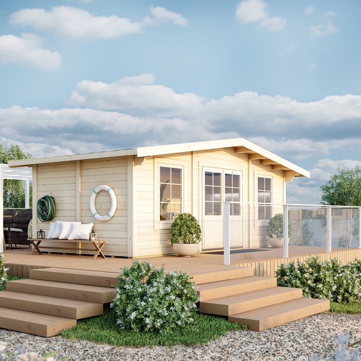 Lillevilla Apex Log Cabin 6m wide x 3m deep. The cabin boasts traditional Georgian windows and doors, which contribute to its classic and sophisticated appearance. Also included as standard is double glazed windows and a felt tiled roof.