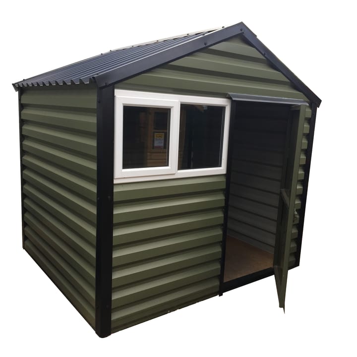 This Lifelong Apex is 8ft wide x 10ft long and is finished in Olive colour. The door can be positioned on either the left or the right and can be hinged on either side.