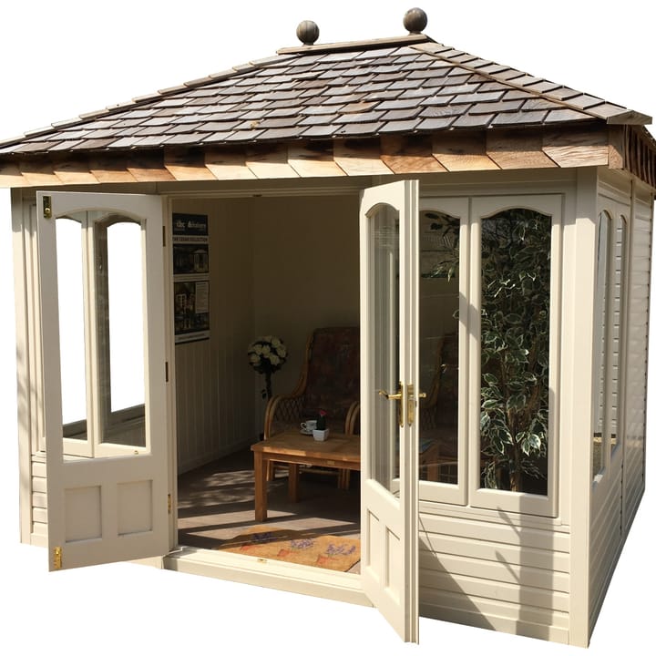 Vintage White is the chosen colour for this 10ft x 8ft Malvern Ashton summerhouse. Also featured in this photo is the optional laminate floor upgrade. 