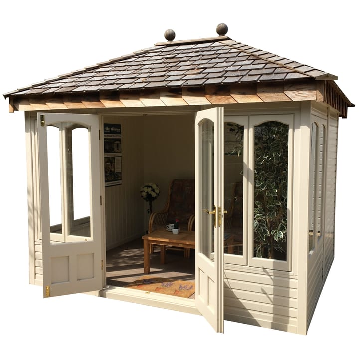 Vintage White is the chosen colour for this 10ft x 8ft Malvern Ashton summerhouse. Also featured in this photo is the optional laminate floor upgrade. 