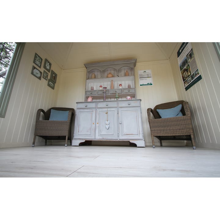 The optional laminate flooring chosen for this Malvern Ashton is 'Seaside Pine'. It's really popular with our Cottage range of buildings as the washed white colouration, really complements the overall style of the building.