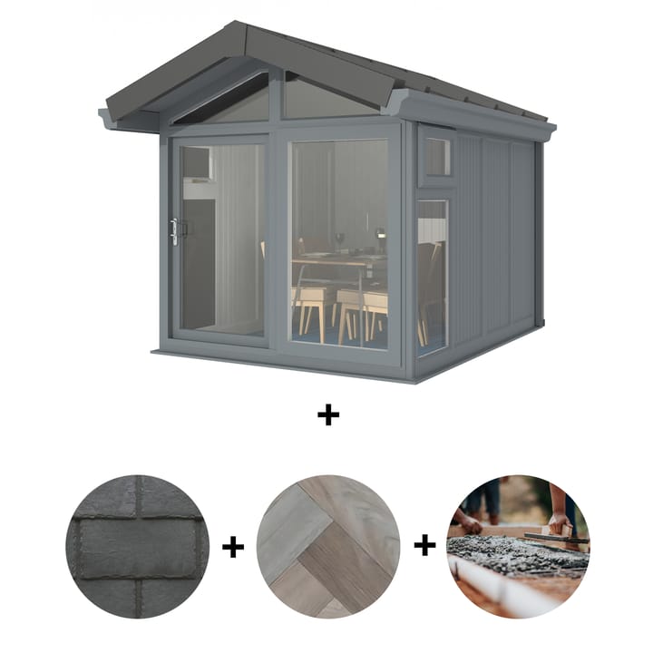 The Nordic Aspen Apex Ultimate Package includes Vinyl Flooring, Leka Slate Effect roof tiles and a concrete base.