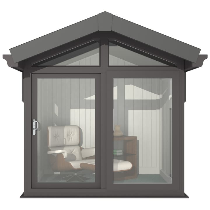 This Nordic Aspen Apex is the 2.4m x 2.2m model in optional Black finish. 

The Aspen Apex features a large sliding door to the front with full length windows on each end, positioned to the front of the building. Each window also includes an opening vent.