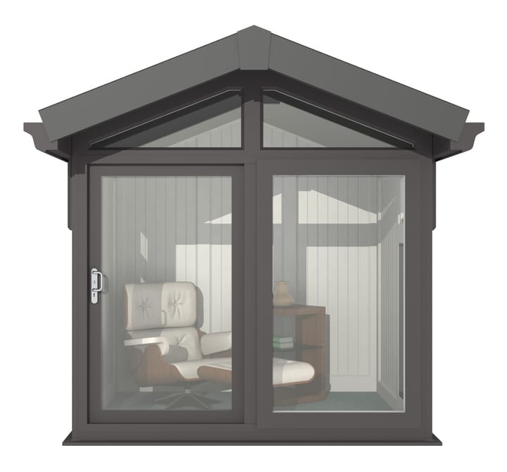 This Nordic Aspen Apex is the 2.4m x 2.2m model in optional Black finish. 

The Aspen Apex features a large sliding door to the front with full length windows on each end, positioned to the front of the building. Each window also includes an opening vent.