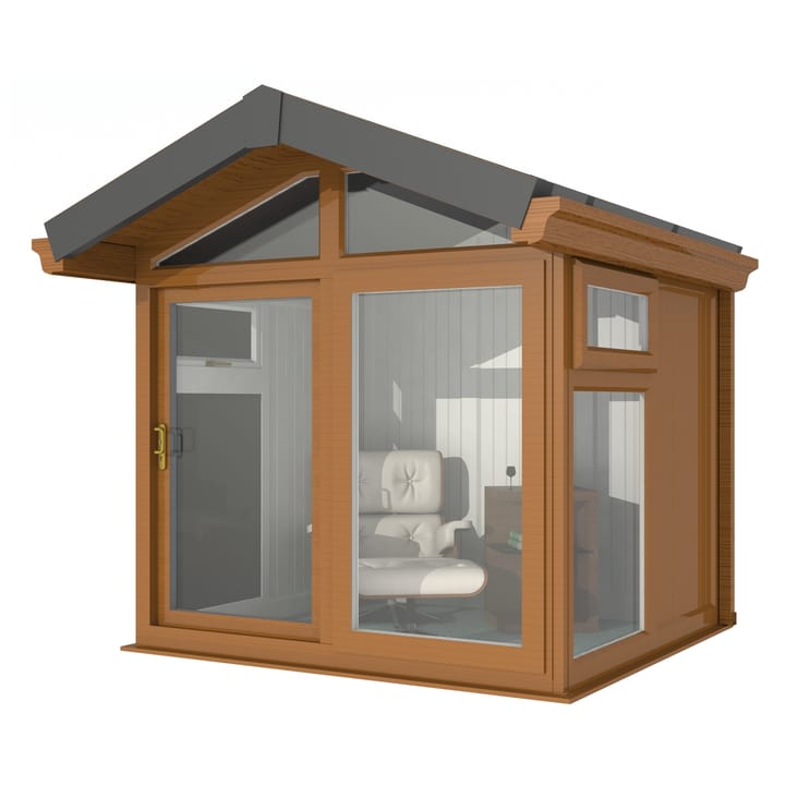 This Nordic Aspen Apex is the 2.4m x 2.2m model in optional Golden Oak finish. 

The Aspen Apex features a large sliding door to the front with full length windows on each end, positioned to the front of the building. Each window also includes an opening vent.