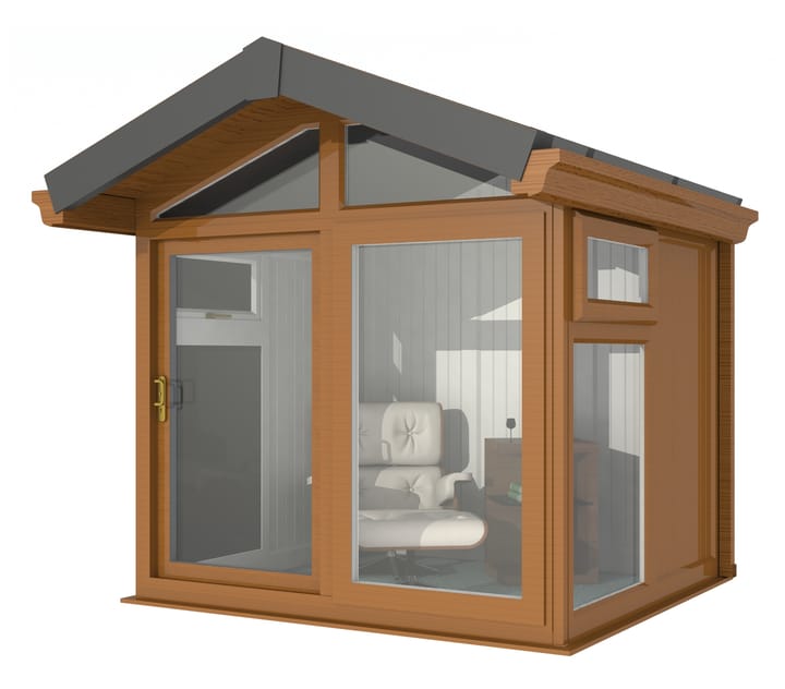 This Nordic Aspen Apex is the 2.4m x 2.2m model in optional Golden Oak finish. 

The Aspen Apex features a large sliding door to the front with full length windows on each end, positioned to the front of the building. Each window also includes an opening vent.