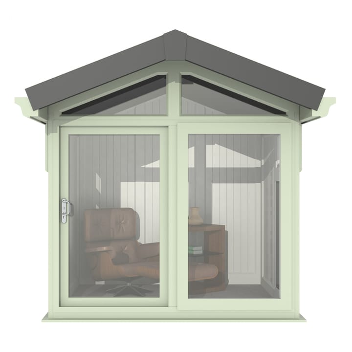 This Nordic Aspen Apex is the 2.4m x 2.2m model in optional Chartwell Green finish. 

The Aspen Apex features a large sliding door to the front with full length windows on each end, positioned to the front of the building. Each window also includes an opening vent.