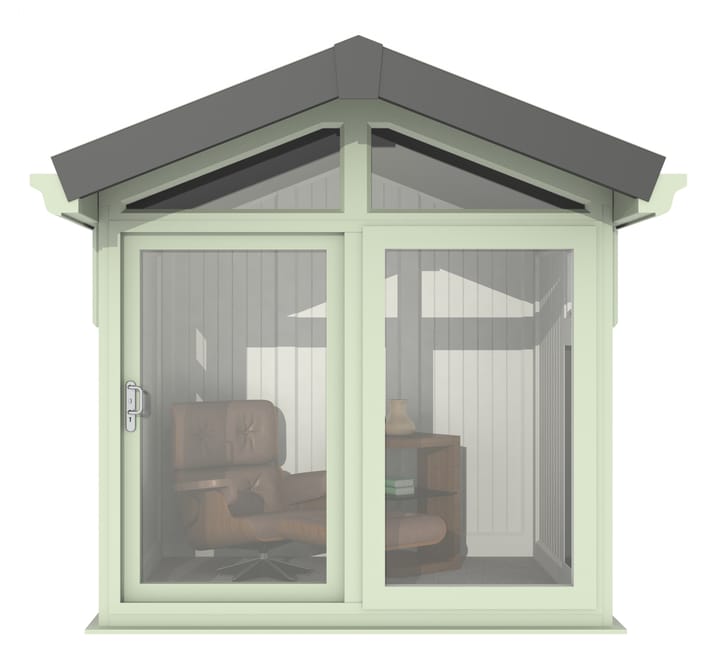 This Nordic Aspen Apex is the 2.4m x 2.2m model in optional Chartwell Green finish. 

The Aspen Apex features a large sliding door to the front with full length windows on each end, positioned to the front of the building. Each window also includes an opening vent.