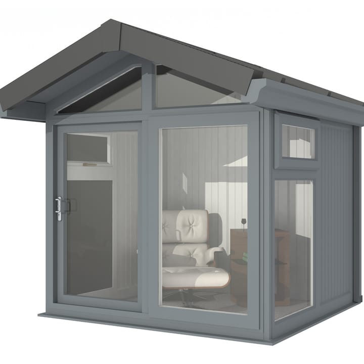 This Nordic Aspen Apex is the 2.4m x 2.2m model in optional Grey finish. 

The Aspen Apex features a large sliding door to the front with full length windows on each end, positioned to the front of the building. Each window also includes an opening vent.