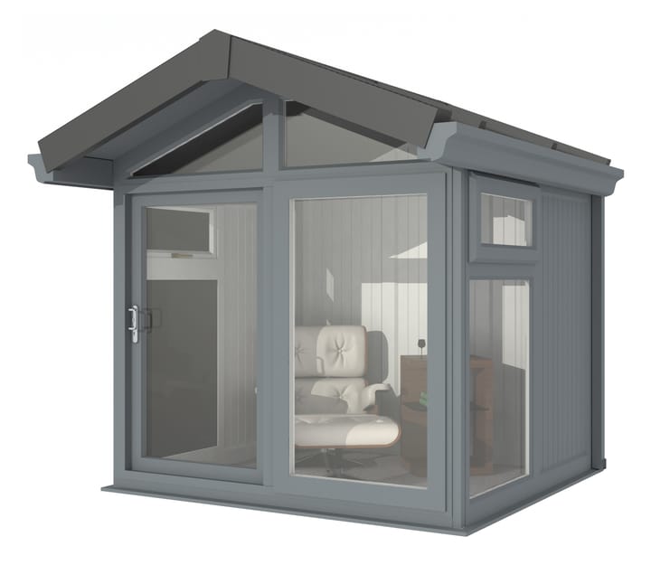 This Nordic Aspen Apex Ultimate Package is the 2.4m x 2.2m model in optional Grey finish. 

The Aspen Apex features a large sliding door to the front with full length windows on each end, positioned to the front of the building. Each window also includes an opening vent.

The Ultimate Package includes Vinyl Flooring, Leka Slate Effect roof tiles and a concrete base.