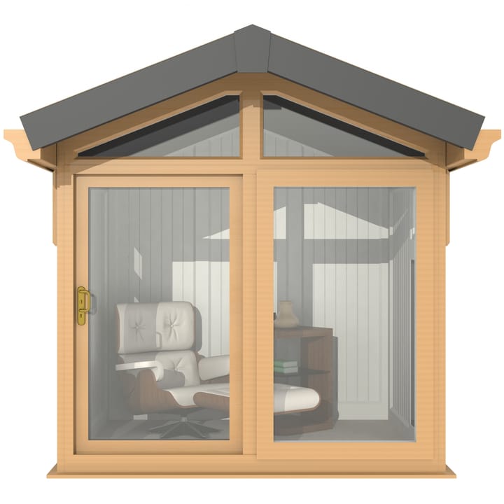 This Nordic Aspen Apex is the 2.4m x 2.2m model in optional Irish Oak finish. 

The Aspen Apex features a large sliding door to the front with full length windows on each end, positioned to the front of the building. Each window also includes an opening vent.
