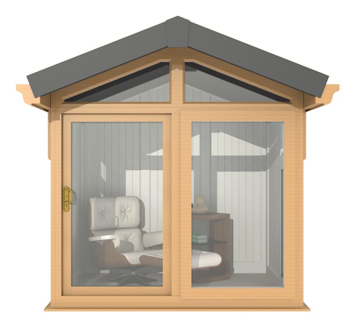 This Nordic Aspen Apex is the 2.4m x 2.2m model in optional Irish Oak finish. 

The Aspen Apex features a large sliding door to the front with full length windows on each end, positioned to the front of the building. Each window also includes an opening vent.