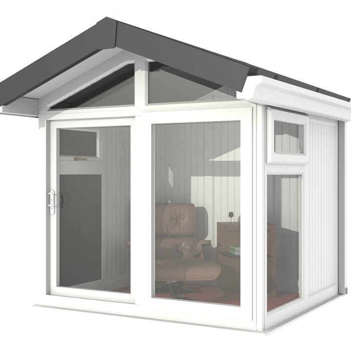 This Nordic Aspen Apex is the 2.4m x 2.2m model in optional White finish. 

The Aspen Apex features a large sliding door to the front with full length windows on each end, positioned to the front of the building. Each window also includes an opening vent.