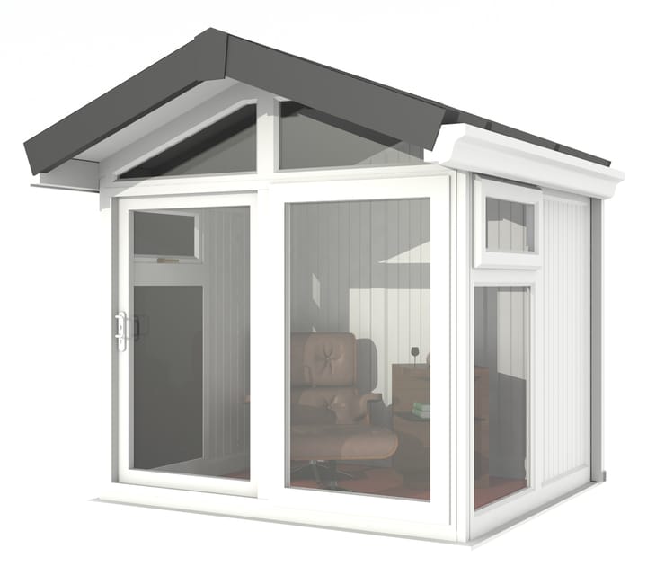 This Nordic Aspen Apex is the 2.4m x 2.2m model in optional White finish. 

The Aspen Apex features a large sliding door to the front with full length windows on each end, positioned to the front of the building. Each window also includes an opening vent.