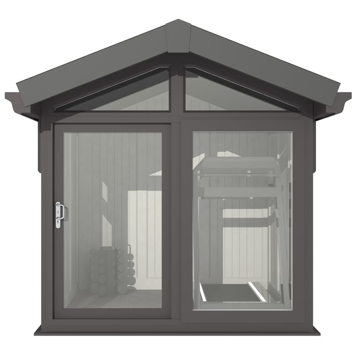 This Nordic Aspen Apex is the 2.4m x 2.6m model in optional Black finish. 

The Aspen Apex features a large sliding door to the front with full length windows on each end, positioned to the front of the building. Each window also includes an opening vent.