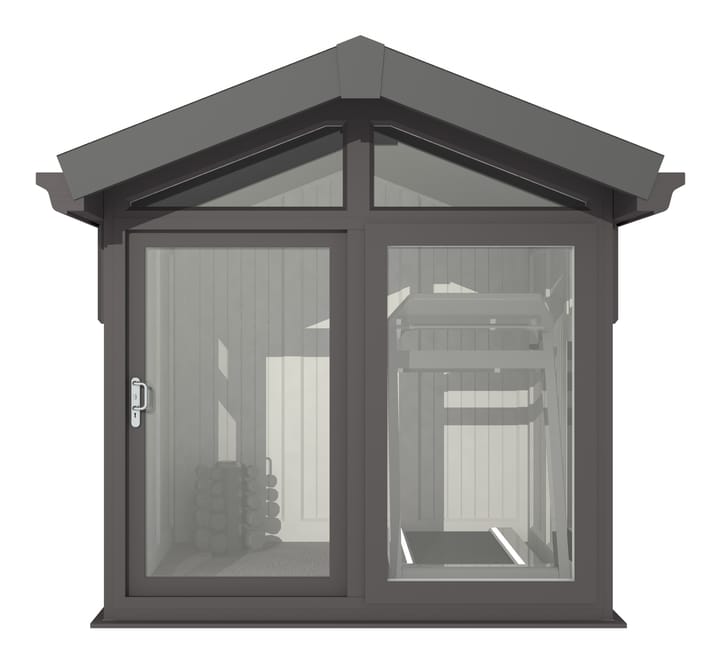 This Nordic Aspen Apex is the 2.4m x 2.6m model in optional Black finish. 

The Aspen Apex features a large sliding door to the front with full length windows on each end, positioned to the front of the building. Each window also includes an opening vent.