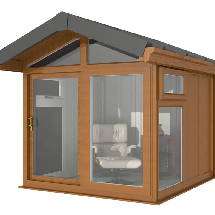 This Nordic Aspen Apex is the 2.4m x 2.6m model in optional Golden Oak finish. 

The Aspen Apex features a large sliding door to the front with full length windows on each end, positioned to the front of the building. Each window also includes an opening vent.